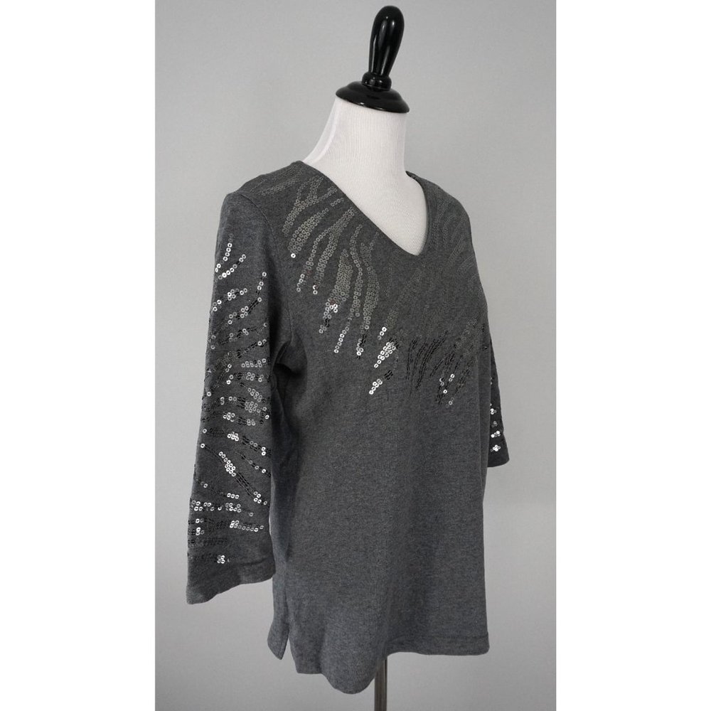 Quacker Factory Gray Sequin 3/4 Sleeve V-Neck Top - image 2